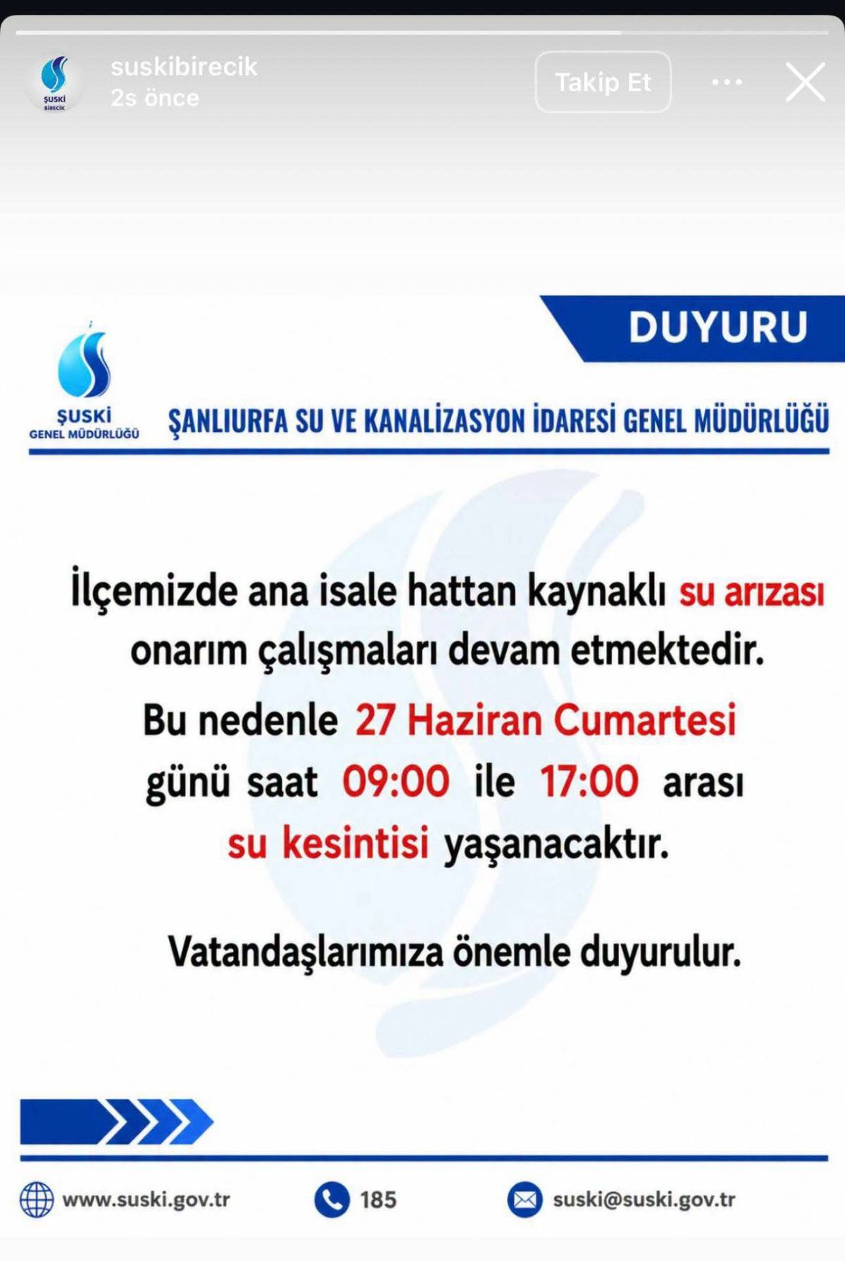 Urfa'da planlı su kesintisi: ŞUSKİ, saat verdi
