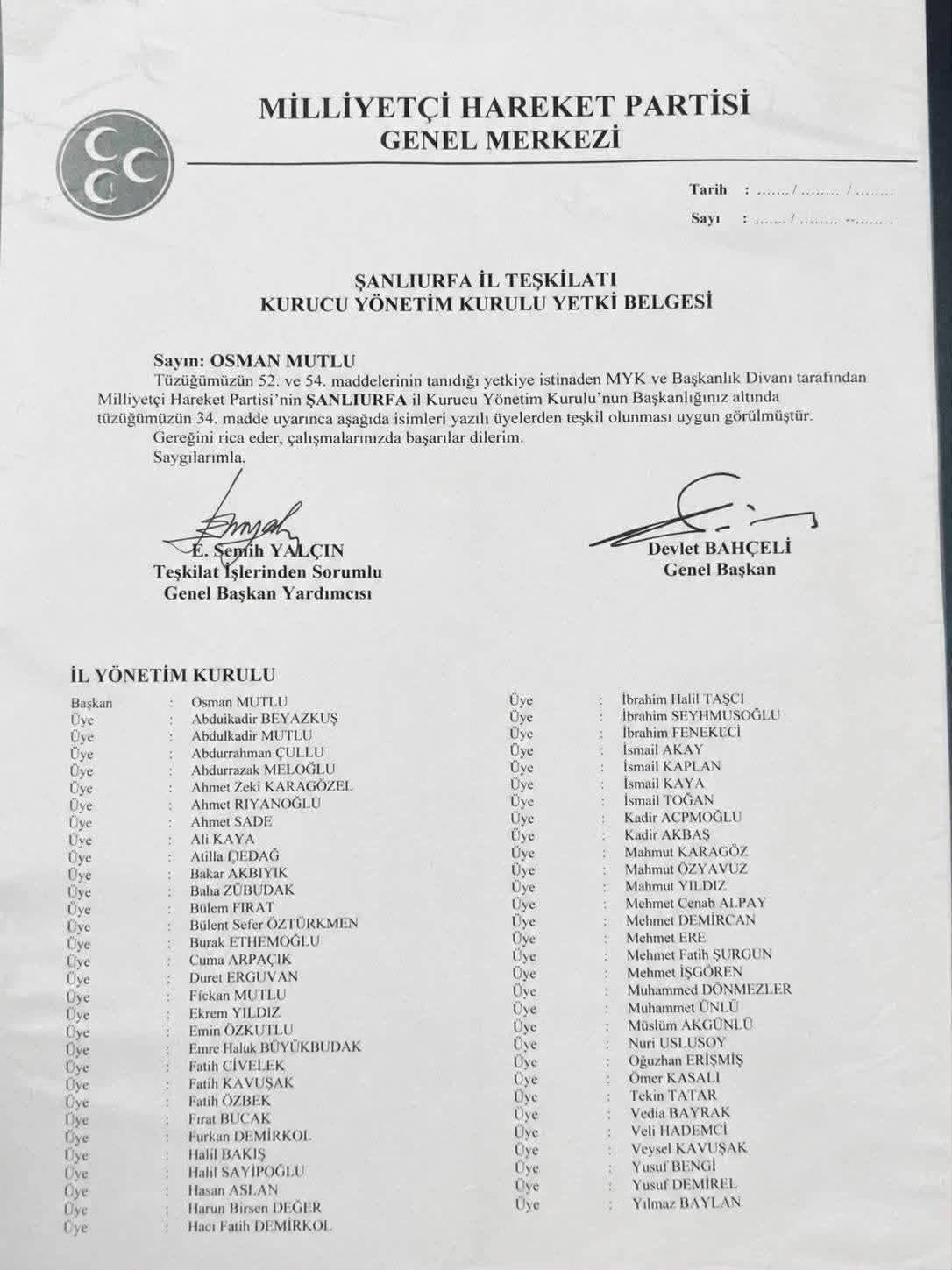 Şanlıurfa Milliyetçi Hareket Partisi İl Yönetimi belli oldu