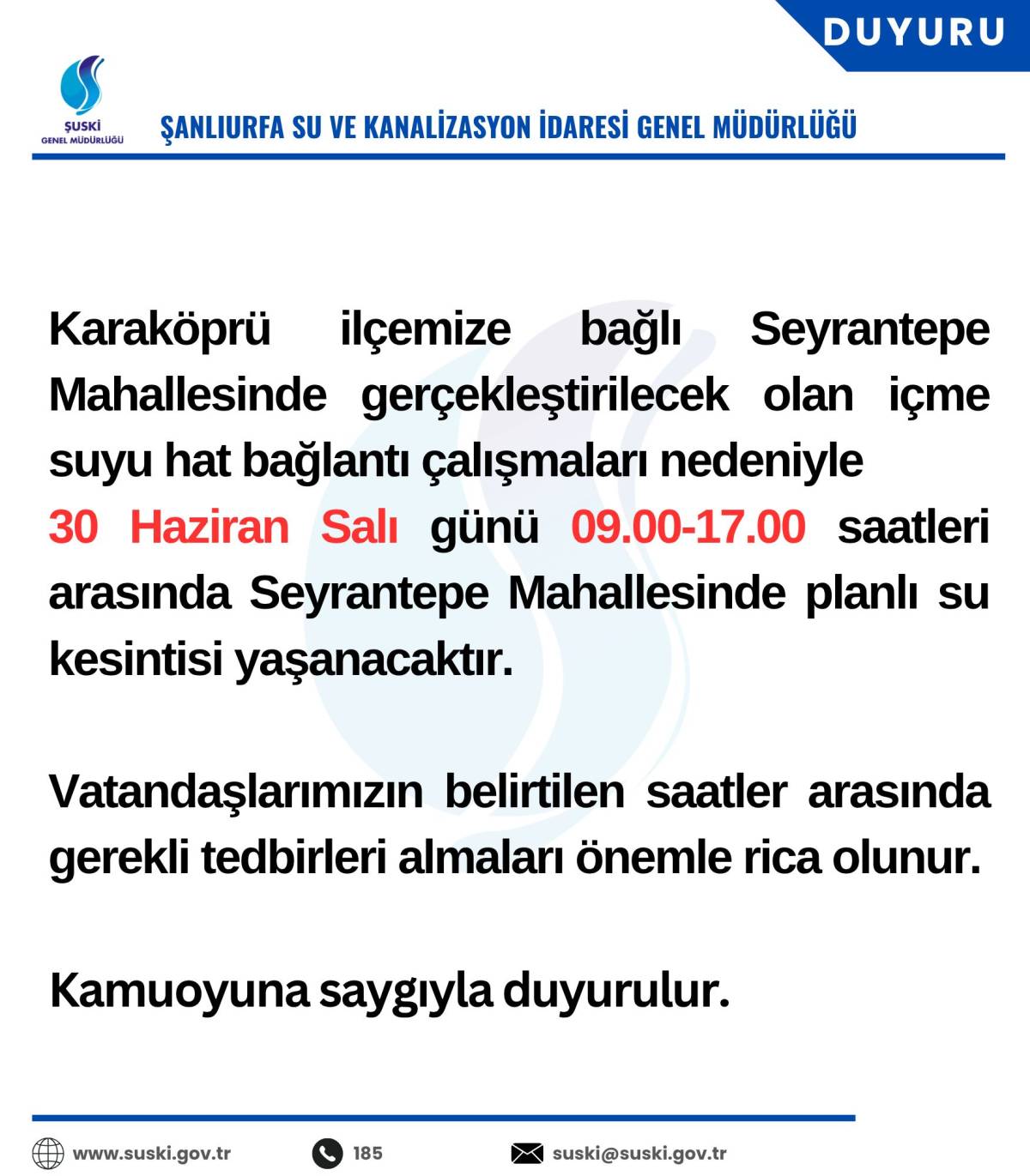 Dikkat: Karaköprü'deki o mahallede sular kesilecek
