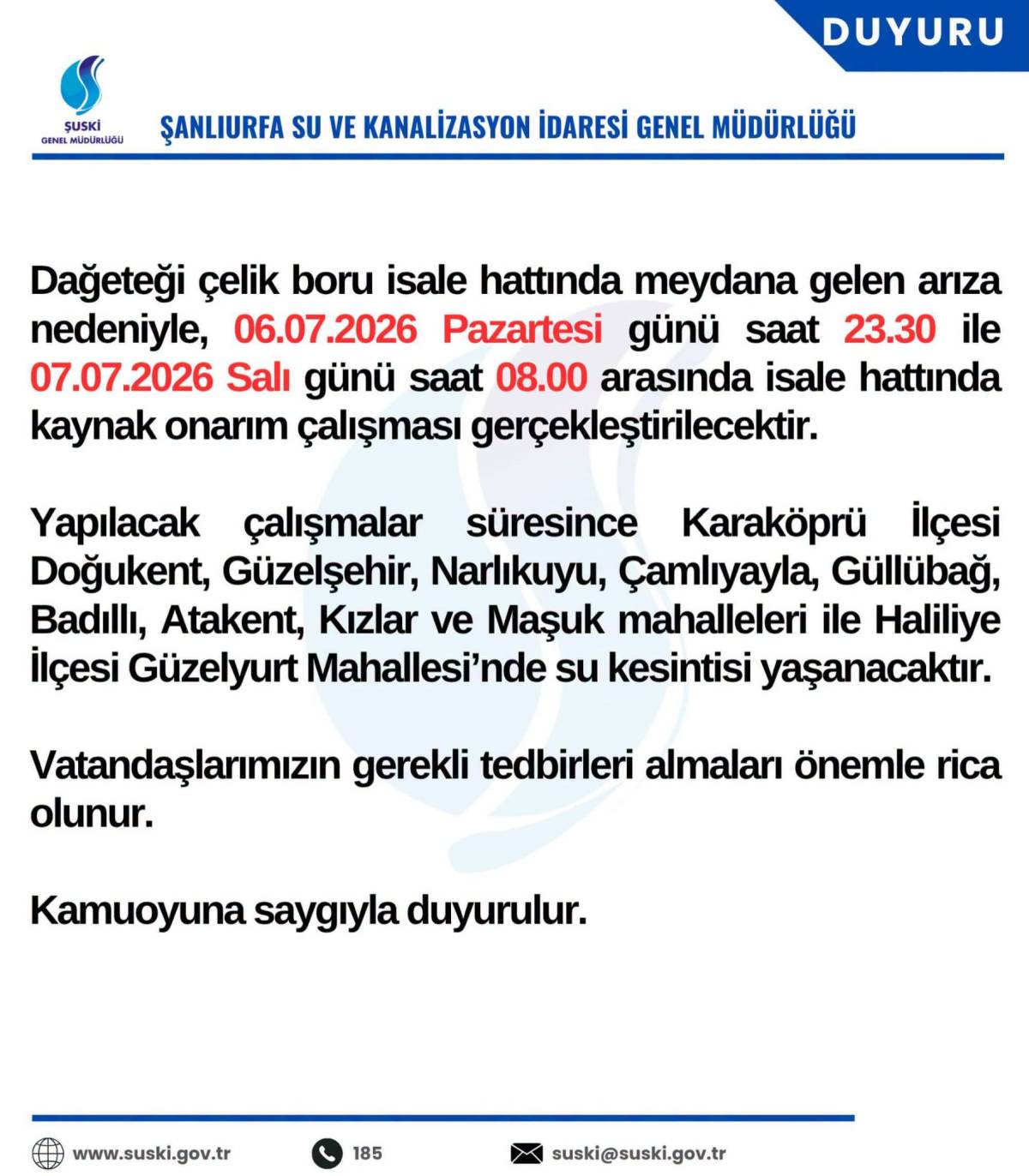 ŞUSKİ'den Karaköprü ve Haliliye için su kesintisi uyarısı